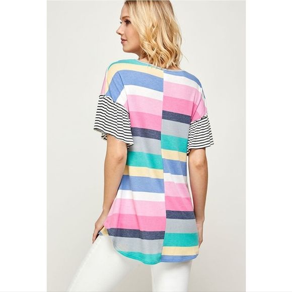 Pink Multi-Stripe Round Bottom Raffle Sleeve Top - Picture 2 of 6